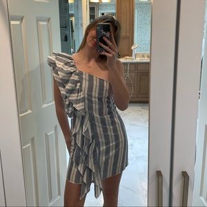Blue and White striped one-shoulder Ruffle Dress